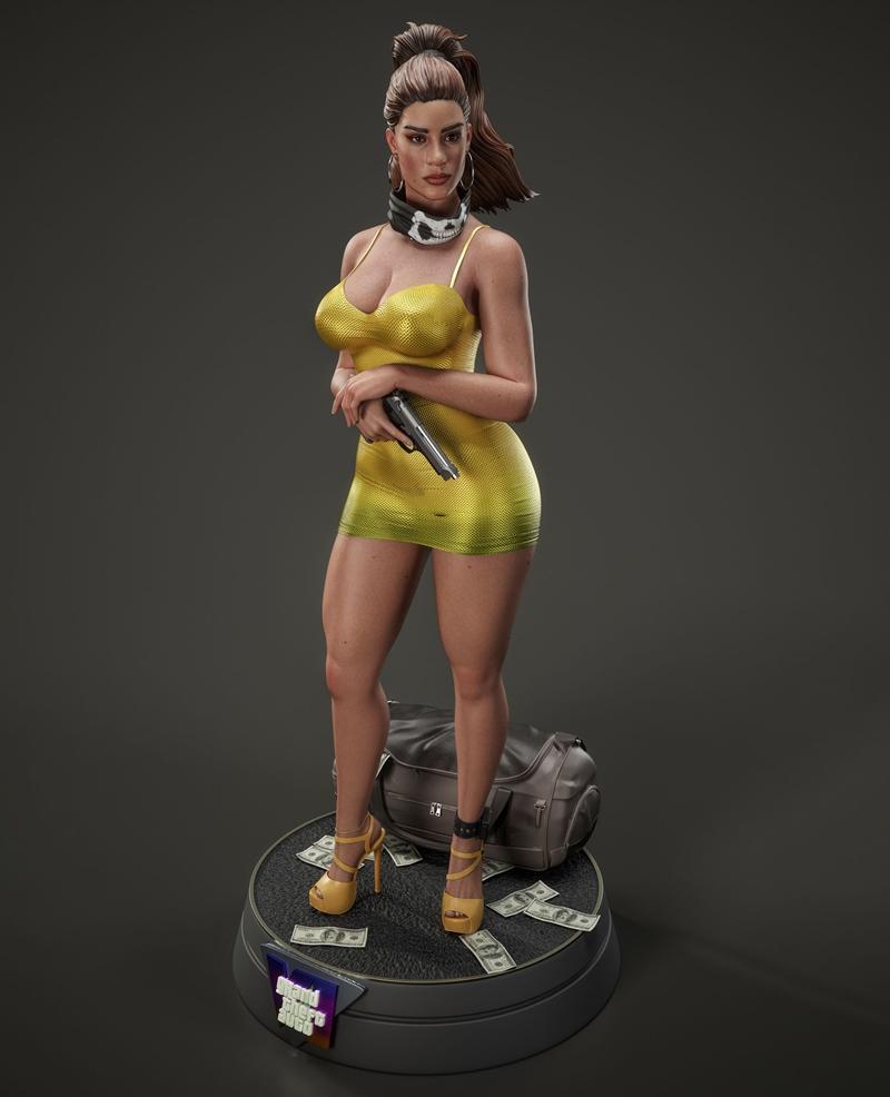 Lucia Caminos 3D model from Grand Theft Auto, wearing a yellow dress, high heels, and holding a gun, with money and a...