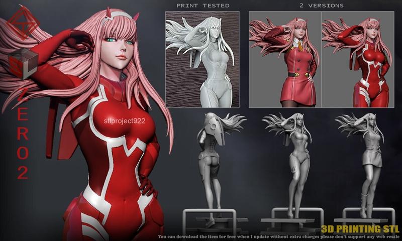 Zero Two anime character 3D model by STL Project, shown in red suit with white accents and pink hair, with multiple v...