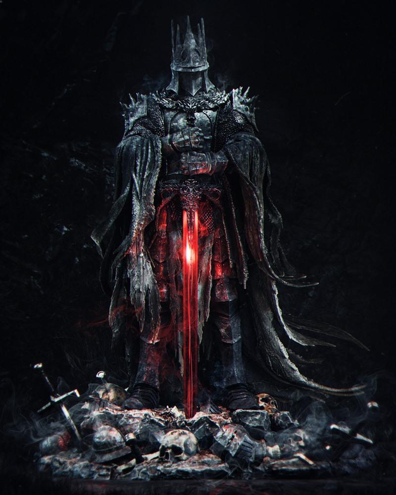 Death Knight figure in full dark armor and crown, holding a glowing red sword over a base of skulls and swords. Dark...