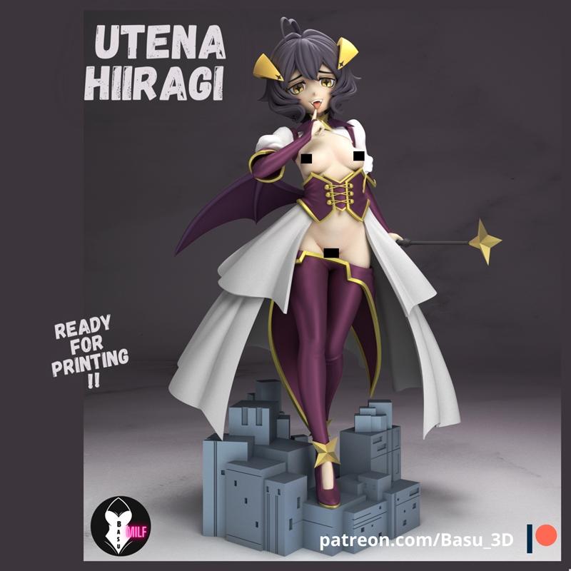 3D model of Utena Hiiragi from Magia Baiser, anime style, wearing revealing purple and white outfit with bat wings, h...
