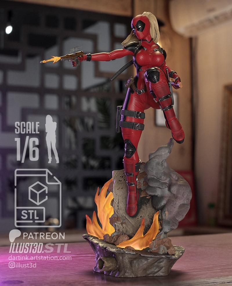 Lady Deadpool 3D model figure, firing a pistol with muzzle flash, standing on a base with fire and smoke. Scale 1/6.