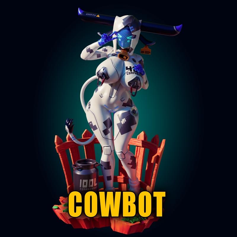 Officer Rhu's Cowbot Mecha Girl 3D model, a futuristic female robot with cow markings, horns, and a bell, standing on...