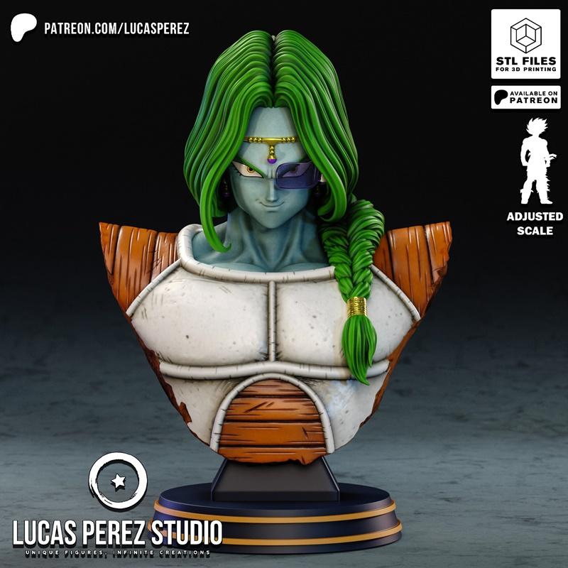 Bust of Zarbon from Dragon Ball, featuring long green hair, purple eye patch, and Frieza Force armor, presented by Lu...