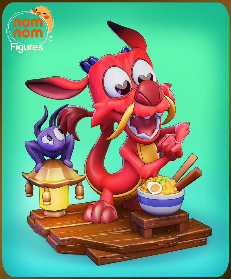 Chibi Mushu dragon from Mulan eating noodles, with a purple creature on a lantern, on a wooden base. 3D model by Nomn...