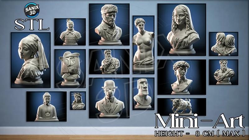 Collection of 15 3D printable busts and statues including Mona Lisa, David, Buddha, Terracotta warrior, and Moai stat...