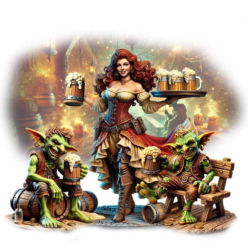 Steampunk fantasy barmaid Brenda with red hair, holding a tray of beer mugs, stands between two goblins drinking from...