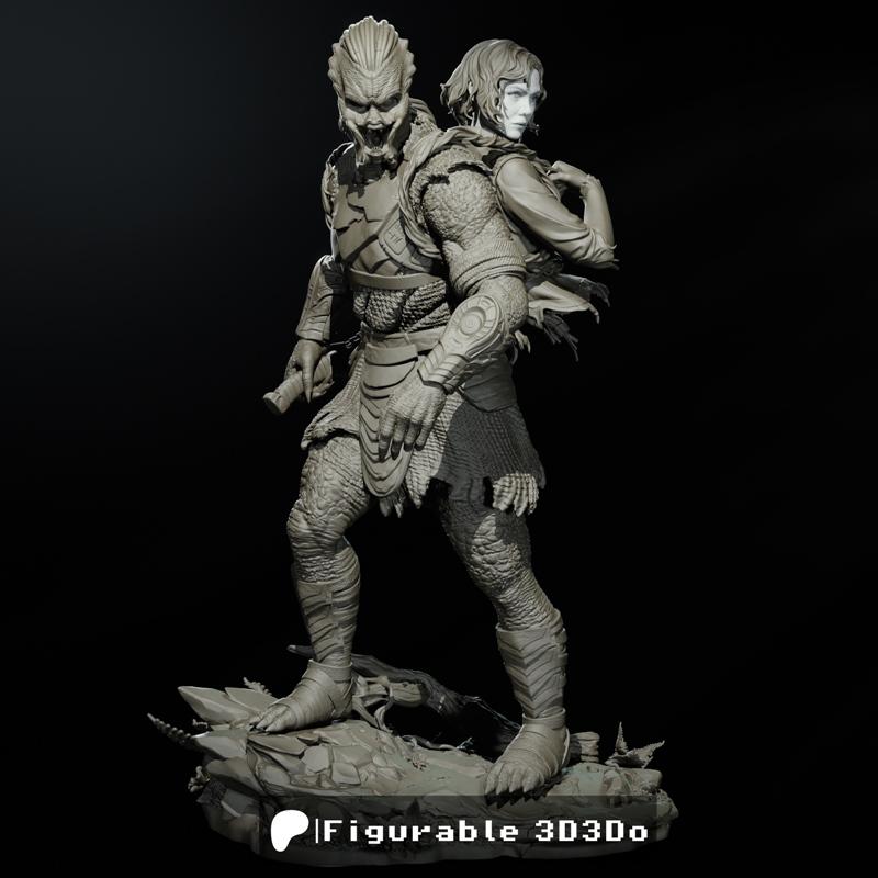 3D model of a Predator alien and a human standing back-to-back on a rocky base, both figures armored and detailed.