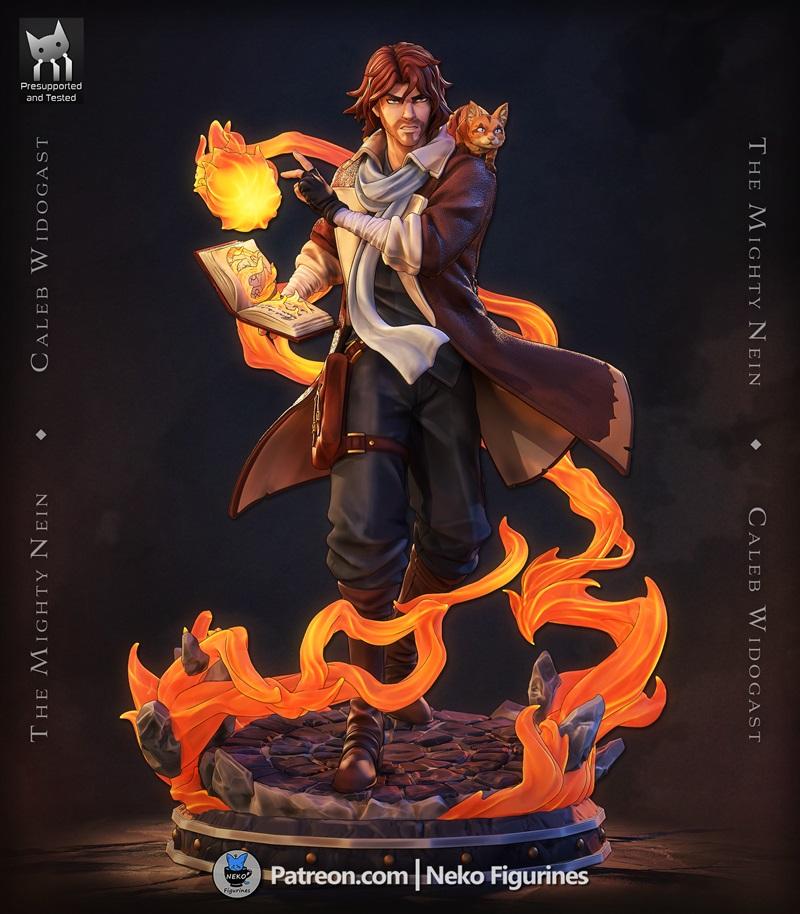 3D print figure of Caleb Widogast from The Mighty Nein, conjuring fire magic with a cat on his shoulder, standing on...
