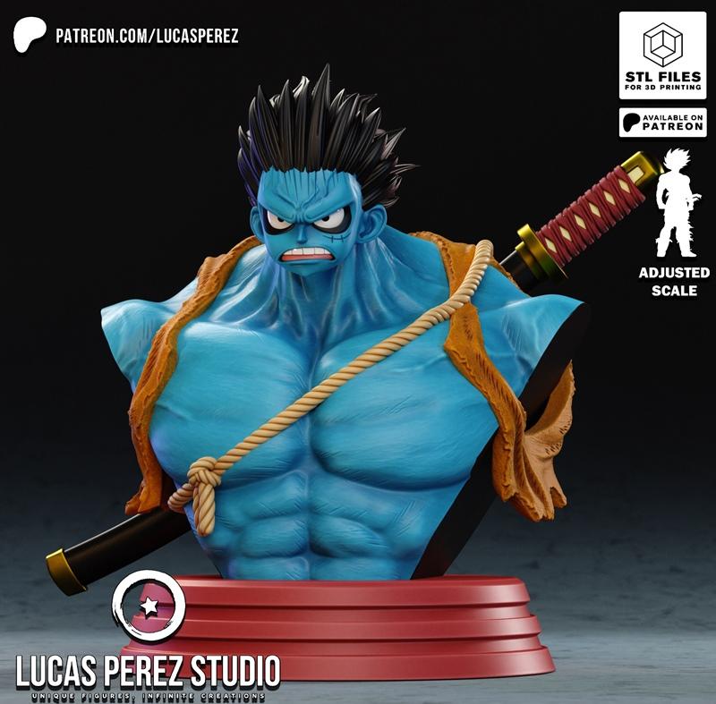 Bust of Luffy in Nightmare Form from One Piece, blue skin, muscular, spiky hair, orange sash, katana on back, red bas...