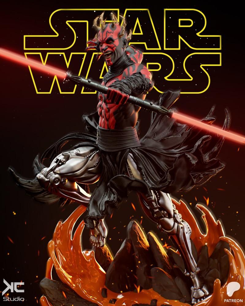 Darth Maul figure with red and black markings, horns, and a cybernetic leg, wielding a red lightsaber, standing on a...