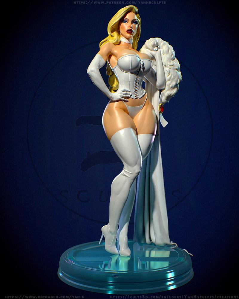 Emma Frost figure in white corset, thigh-high boots, and gloves, with a fur-trimmed cape. Blonde hair, confident pose...