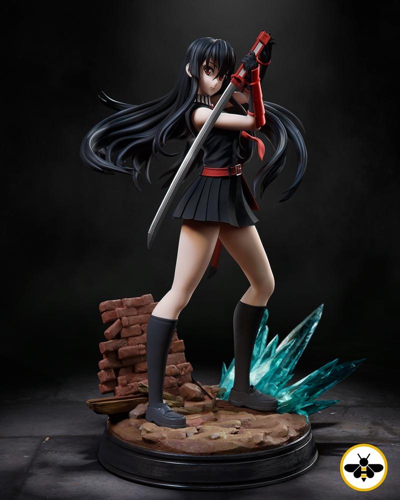 Akame Ga Kill anime figure, holding sword in action pose, wearing black outfit and red accents, on a detailed base wi...