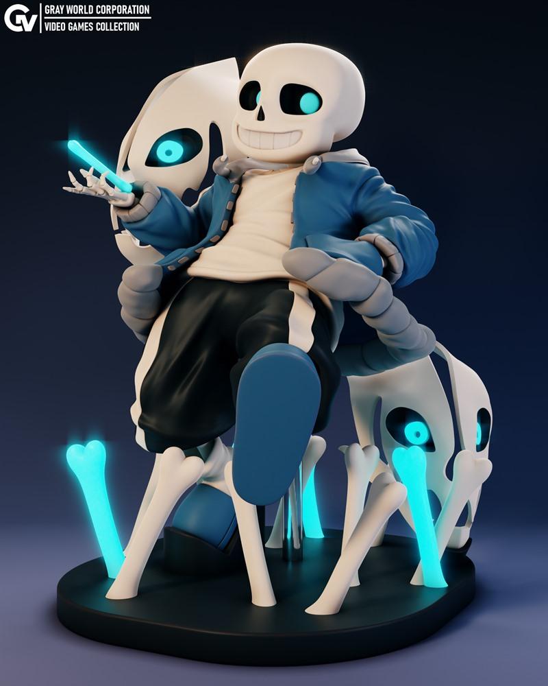 3D model of Sans from Undertale, grinning with glowing blue eyes, surrounded by spectral bones and Gaster Blasters em...