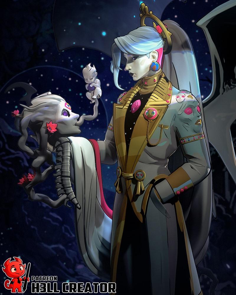 Androgynous celestial figure with pale skin and blue hair, wearing a gold-trimmed coat, holding a baby and interactin...