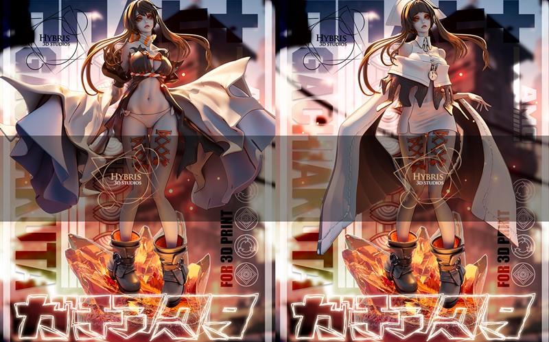 3D model figure of anime character Amo from Gachiakuta by Hybris Studios, shown in two outfits, standing on crystal b...