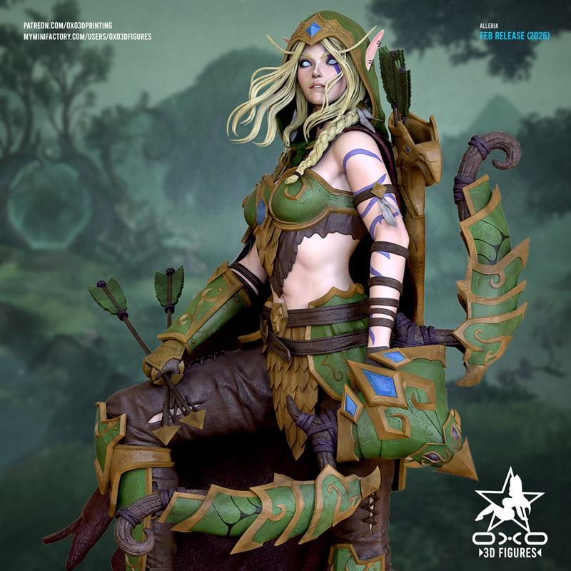 Alleria Windrunner miniature 3D model by OXO3D Figures, depicted as an elf archer with blonde braided hair, green and...