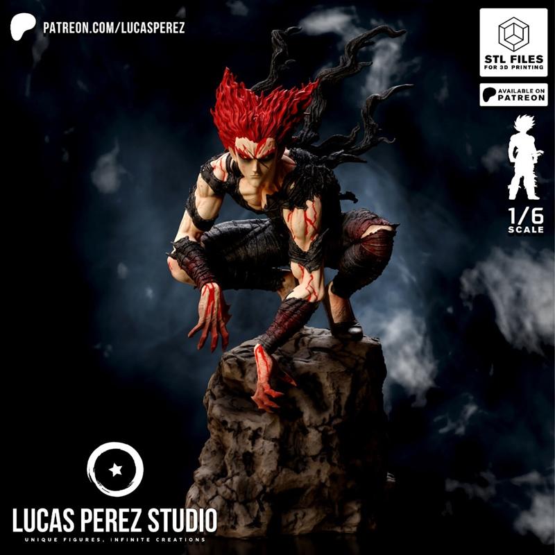 1:6 scale 3D printable figure of Garou from One-Punch Man, crouching on a rock, with red hair and bloodstains.