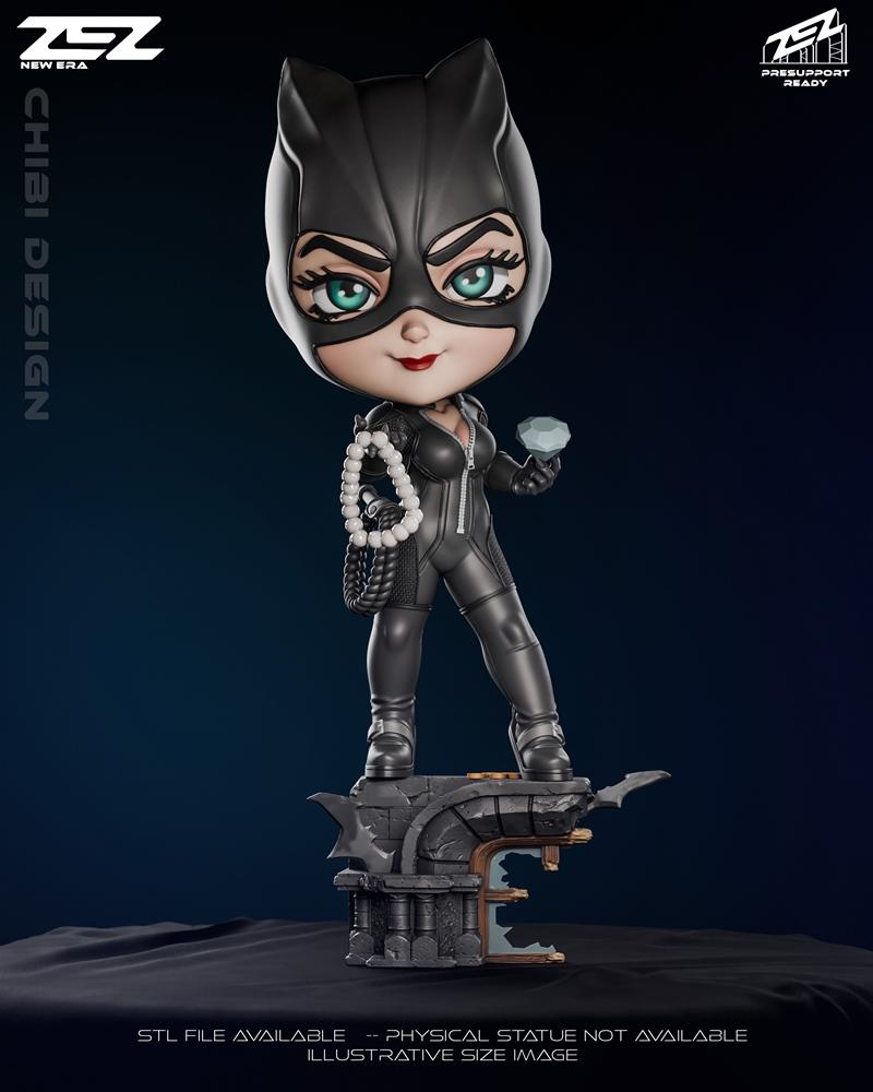 Chibi Catwoman 3D model by ZEZ Studio, wearing a black suit and mask, holding a gem and a pearl necklace, standing on...