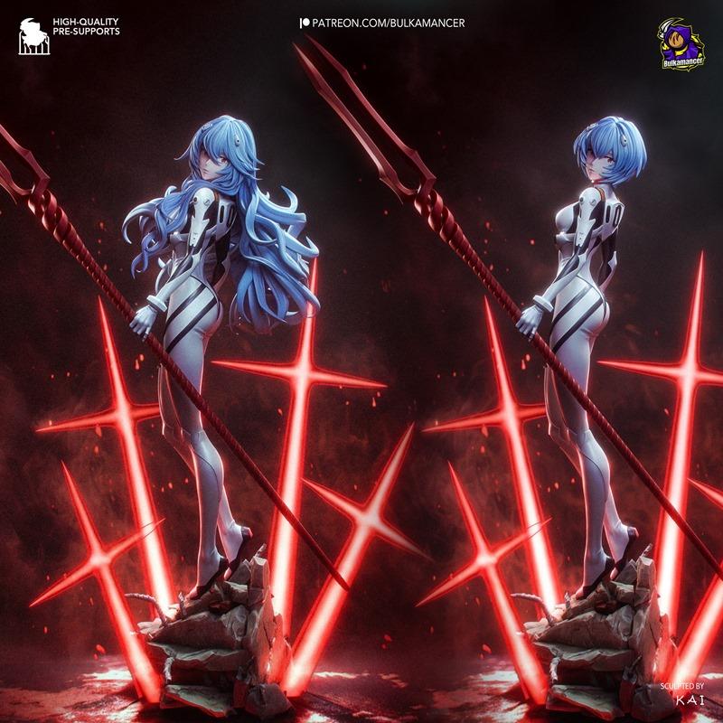 Ayanami Rei from Neon Genesis Evangelion figure, holding a spear, standing on rocks with glowing red crosses in the b...