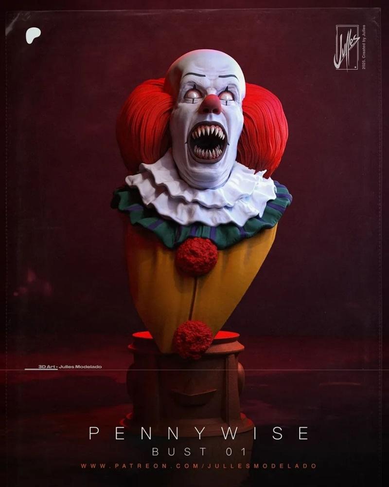 3D printable bust of Pennywise the clown from the 1990 "It" movie, with a terrifying open-mouthed expressio...