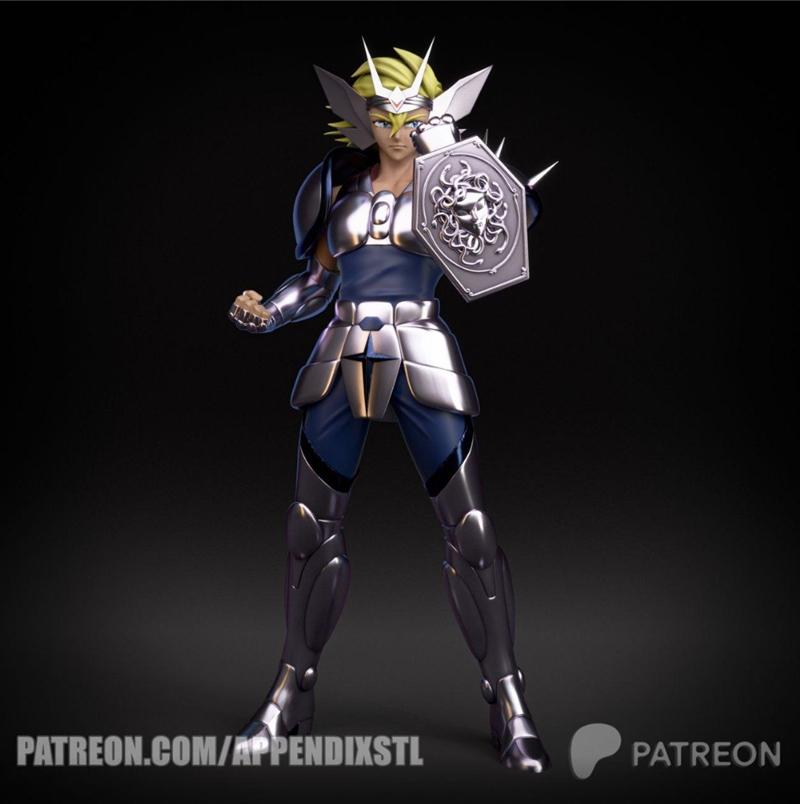 Algol de Perseo 3D model in silver armor with a winged helmet and a shield featuring a Gorgon's head, posed heroically.