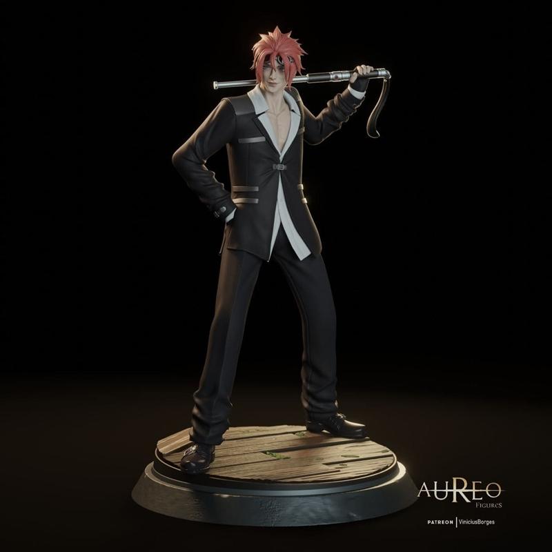 Vinicius Borges 3D model of Reno from Final Fantasy, wearing a black suit and holding a staff. Spiky red hair and a c...