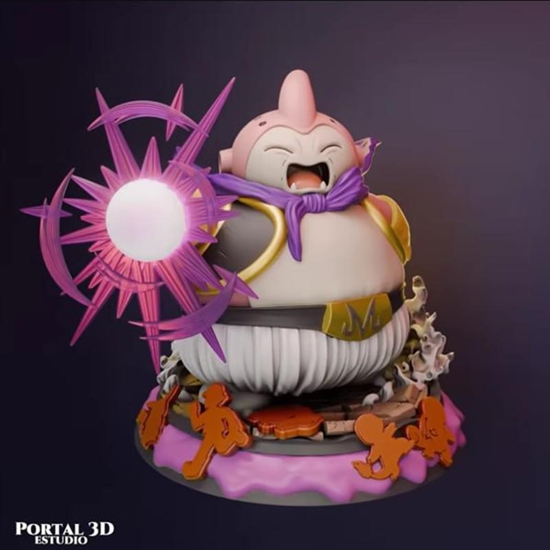 3D model figure of Majin Boo fused with Snorlax, unleashing a purple energy blast. Detailed base with rubble and char...