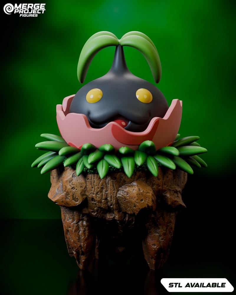 3D model figure of Nyokimon from Pokemon, emerging from a pink flower bud with green leaves and a textured base.