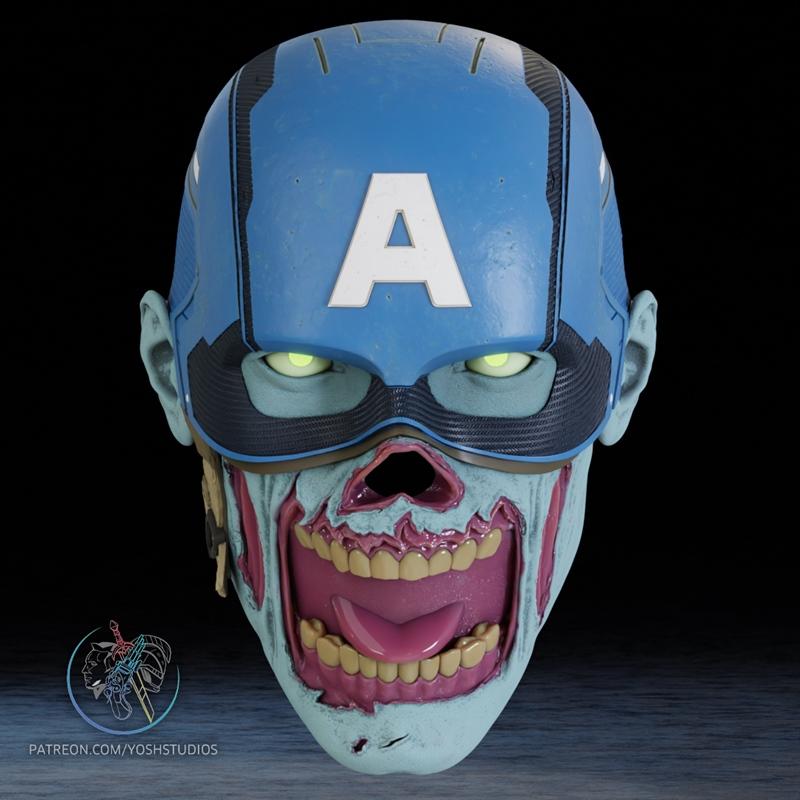 3D model of a zombie Captain America helmet with glowing eyes and a decaying, open-mouthed face.