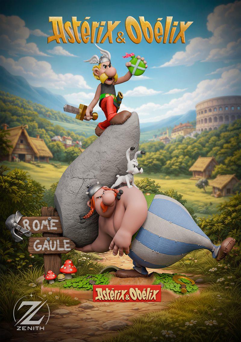 3D model diorama of Asterix and Obelix. Asterix stands on a rock holding a potion, Obelix reclines below with Dogmati...