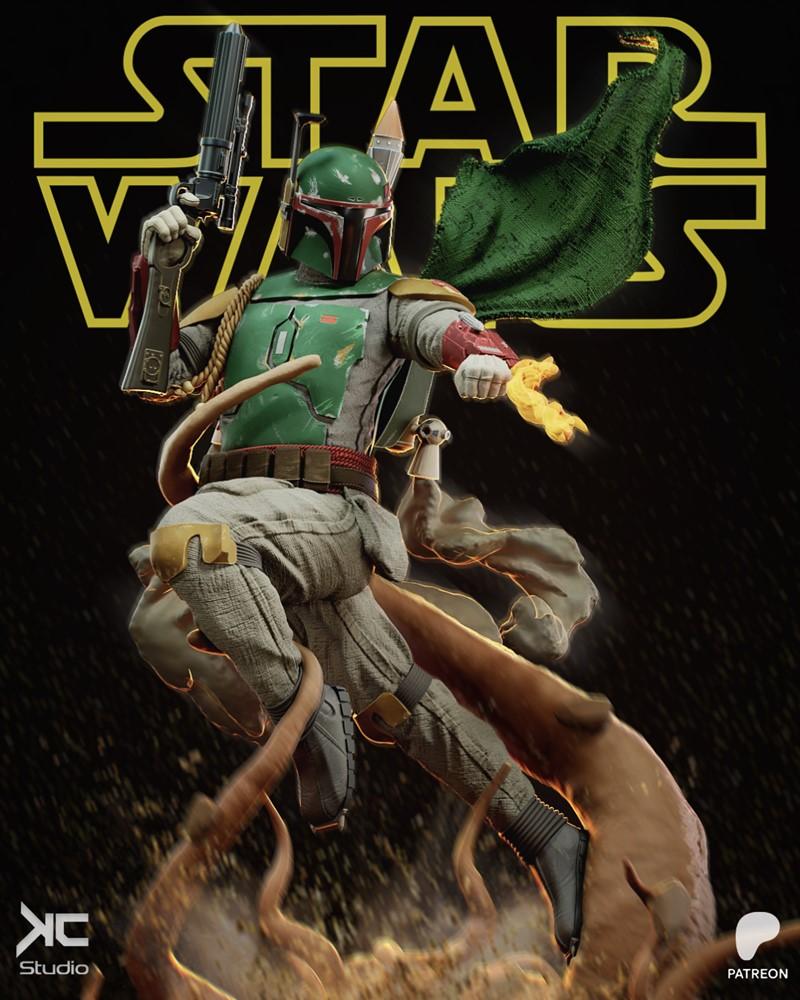 Boba Fett in full armor, mid-air with blaster and flame effects, green cape billowing, against a Star Wars logo backd...