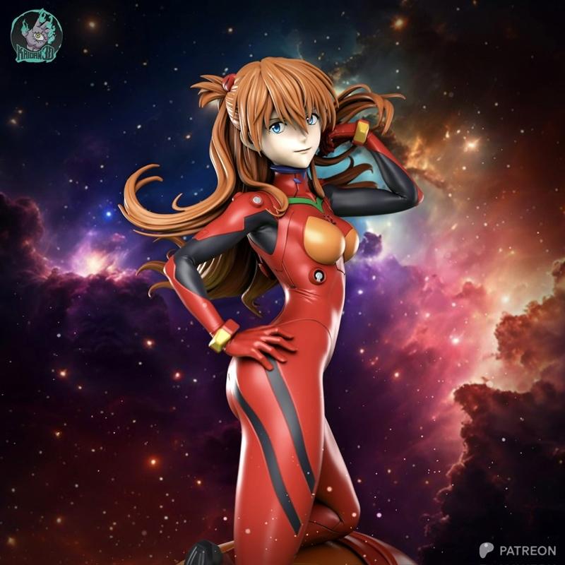 Asuka Langley in red plugsuit with black and yellow accents, auburn twin pigtails, standing against a starry, nebulae...