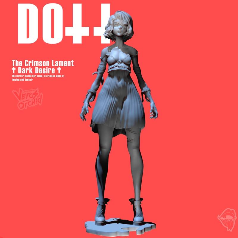 Stylized 3D model of a gothic female doll named Bloody Mary, wearing a short, off-the-shoulder pleated dress and boot...