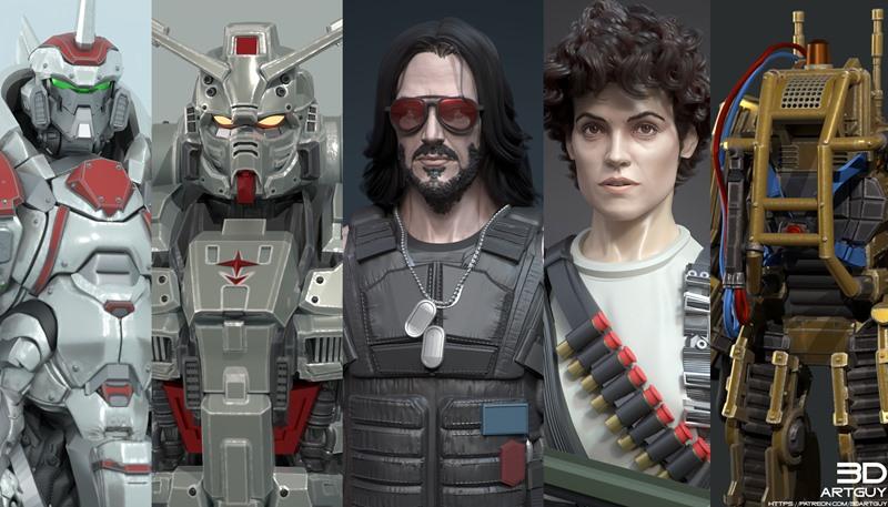 Collage of five 3D printable character busts: two mechs, a cyberpunk man with sunglasses, a woman with curly hair and...