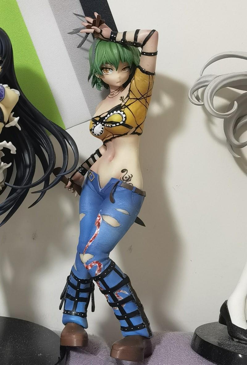 Hikage from Senran Kagura, a 3D printed figure with green hair, wearing a yellow top and ripped blue jeans, holding k...