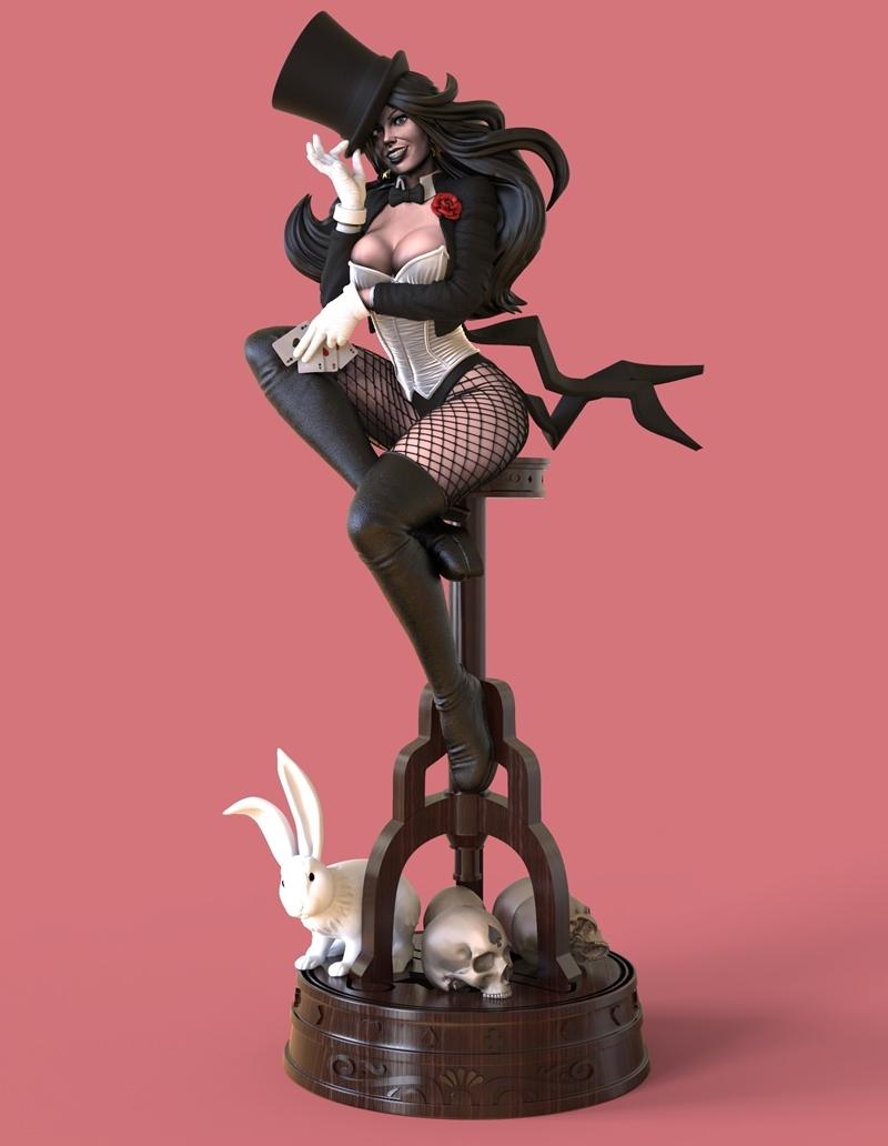 Zatanna DC Comics figure in magician's attire, seated with playing cards, on a base with a rabbit and skulls. CG Pyro...