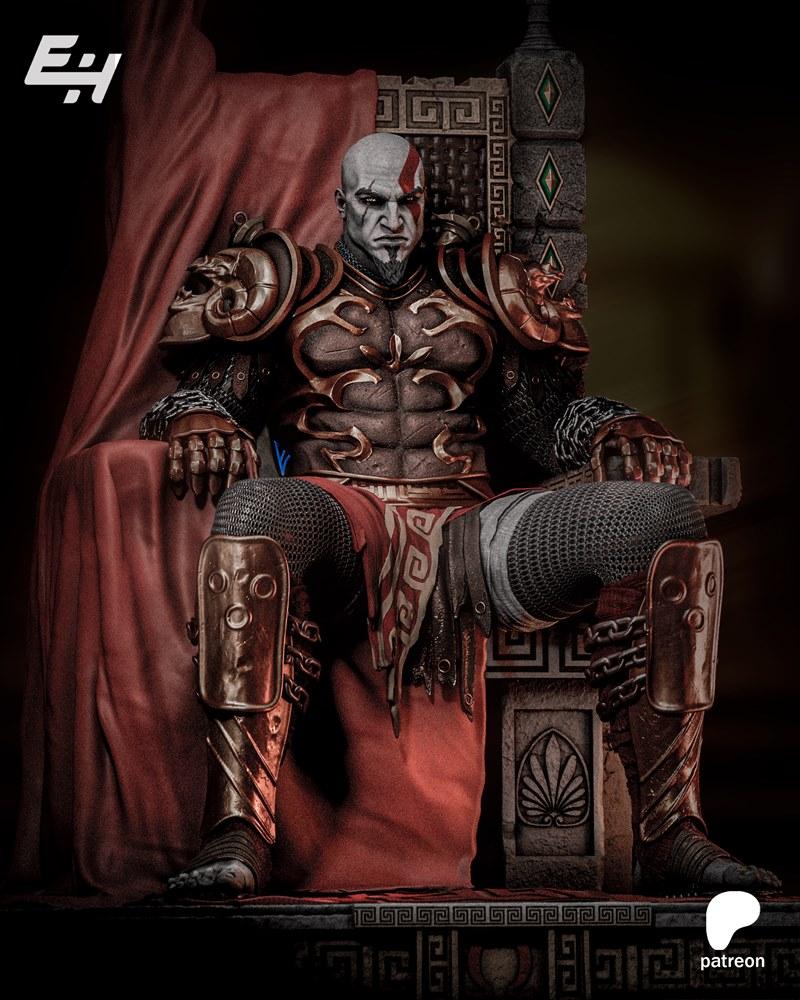 Kratos seated on an ornate throne, wearing detailed armor and red cloth. He has a stern expression and his signature...