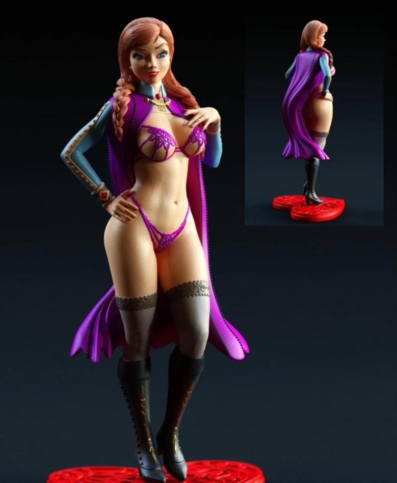 3D model of Anna from Frozen in revealing purple lingerie, thigh-high stockings, and boots, with a purple cape.