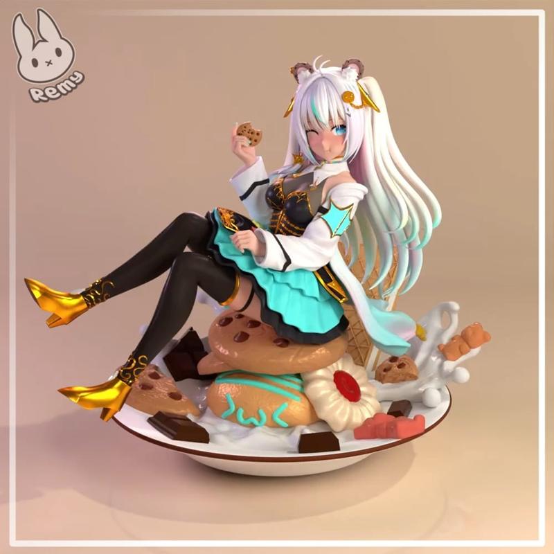 Remy Sculpts CookieSwirlC VTuber 3D model figure sitting on a giant cookie, surrounded by donuts and sweets, holding...