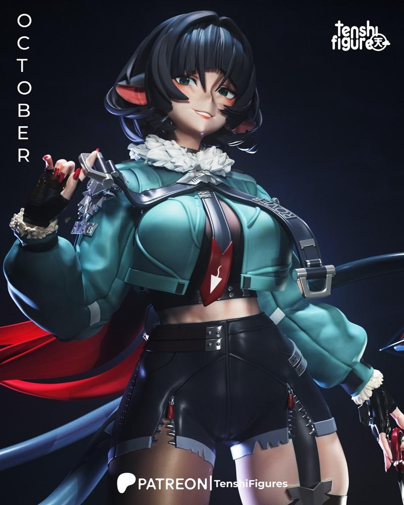 3D model of Jane Doe, an anime-styled character with cat ears, wearing a teal jacket, black shorts, and a red cape.