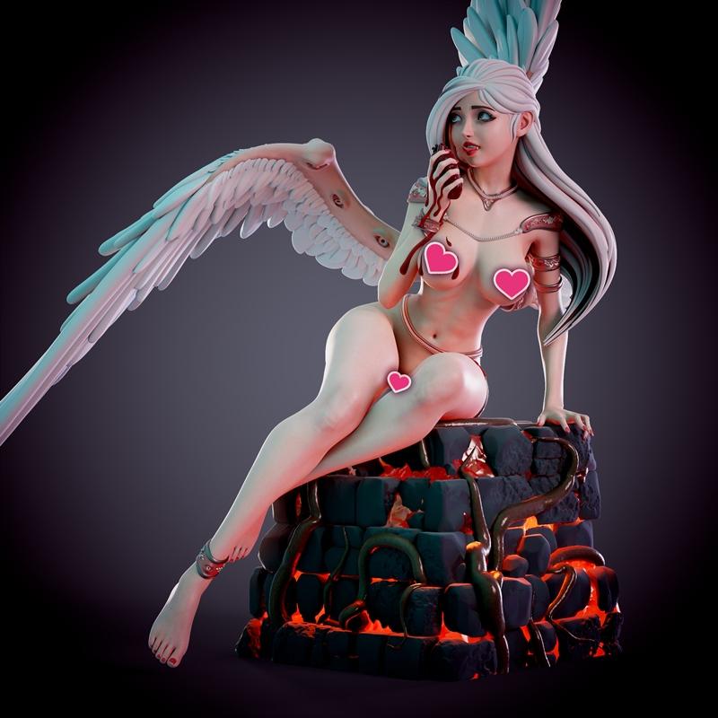 Fallen angel Adele figure with large wings, seated on a fiery rock structure, holding a bloody item.