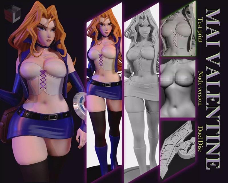 Mai Valentine 3D model figure, anime style, wearing laced bodice, short skirt, and boots. Includes grayscale test pri...