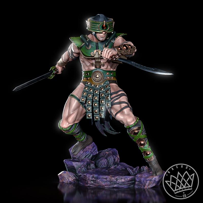 Tri-Klops from Masters of the Universe in a combat pose, holding two swords, wearing green and gold armor and a helme...