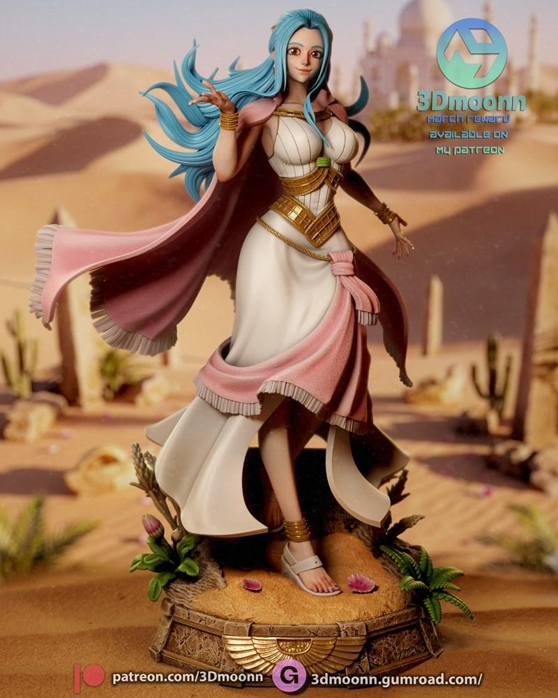 3Dmoonn 3D printable model of Nefertari Vivi from One Piece, wearing a white dress and pink cape, standing on a deser...
