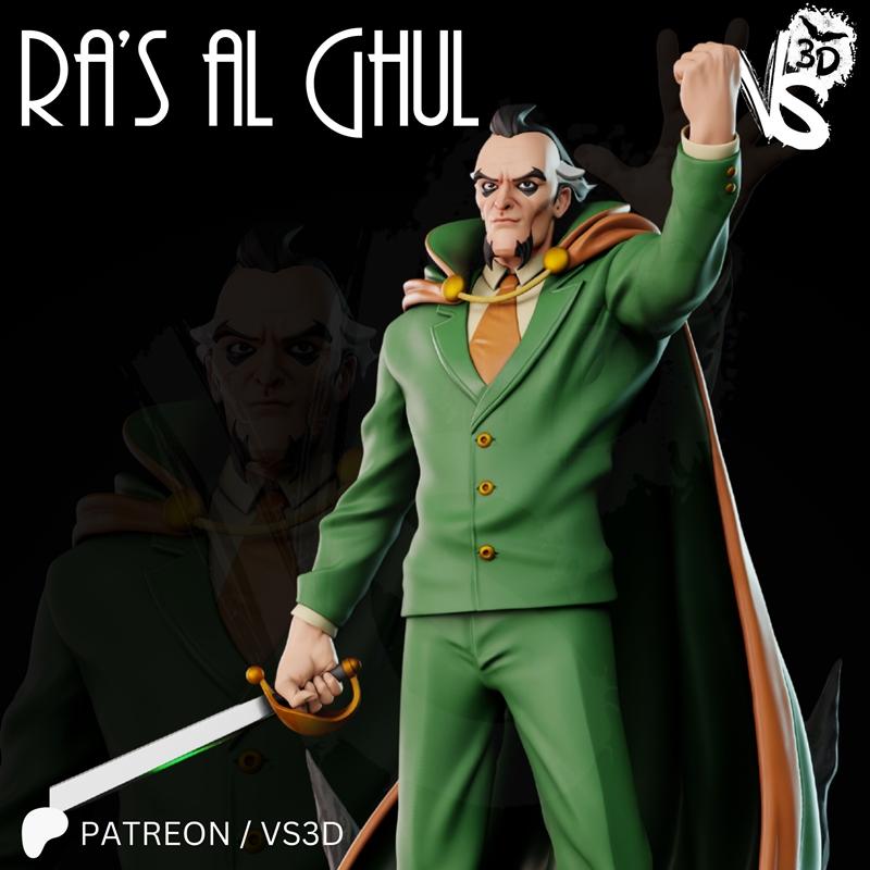 3D model of Ra's al Ghul from the animated series, wearing a green suit and cape, holding a sword.