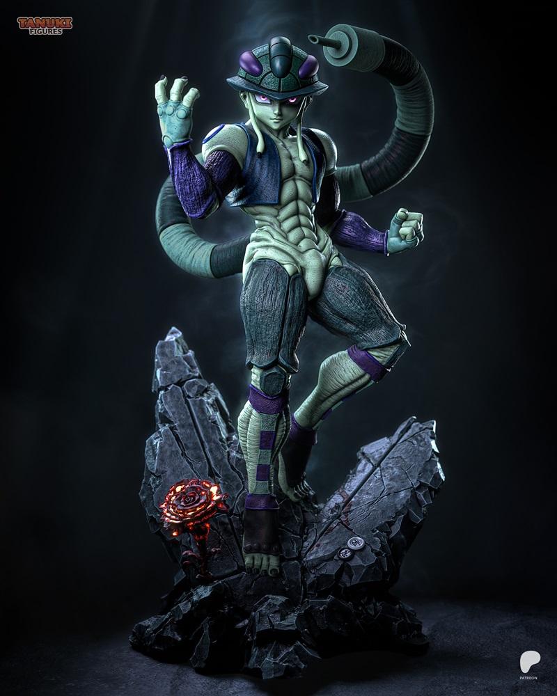 3D print model of Meruem from Hunter x Hunter, standing on a rocky base with a glowing red rose. The figure has pale...