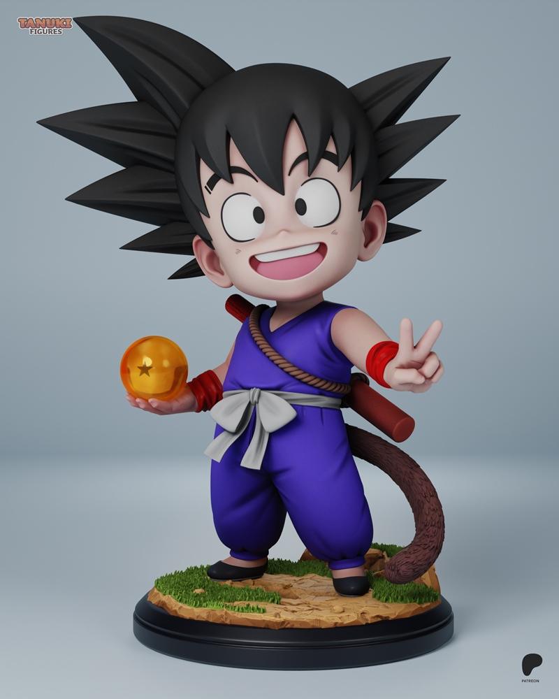 Chibi Goku from Dragon Ball holding a Four-Star Dragon Ball and making a peace sign, wearing a purple gi and standing...