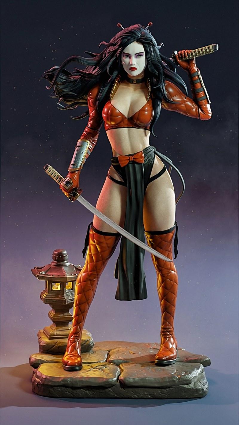 Female warrior with long black hair, white face paint, and red lipstick, holding a katana. She wears a red segmented...