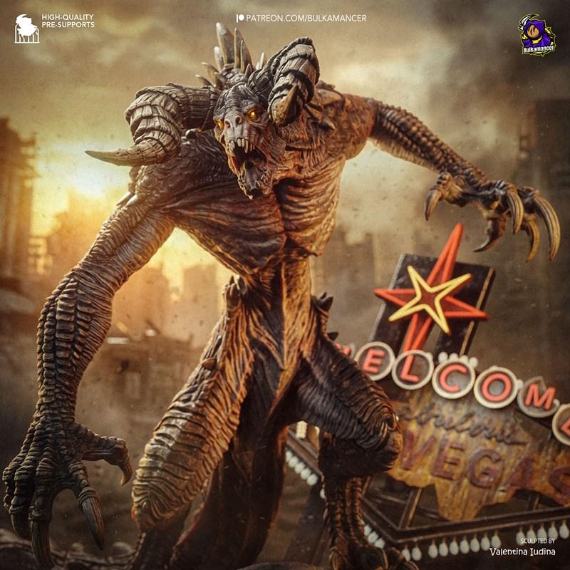 Bulkamancer Sculpts 3D model of a fearsome Deathclaw creature with horns and sharp claws, roaring in front of a &quot...