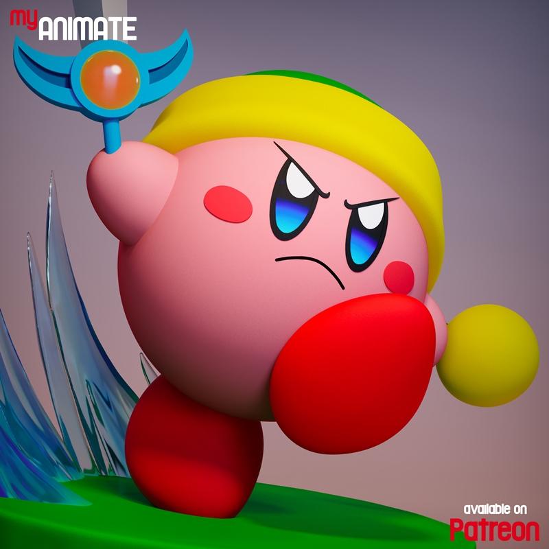 Kirby character figure with yellow and green hat, holding a blue and orange sword and a yellow sphere, with blue ice...